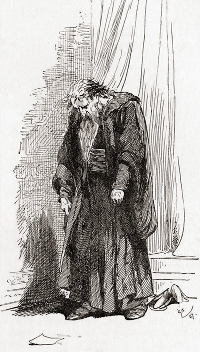 Szene aus William Shakespeares Stück Der Kaufmann von Venedig, Akt IV, Szene 1, Shylock: Ich bitte euch, lasst mich gehen. Mir ist nicht wohl, aus Die Werke von William Shakespeare, veröffentlicht 1896 von Gordon Frederick Browne